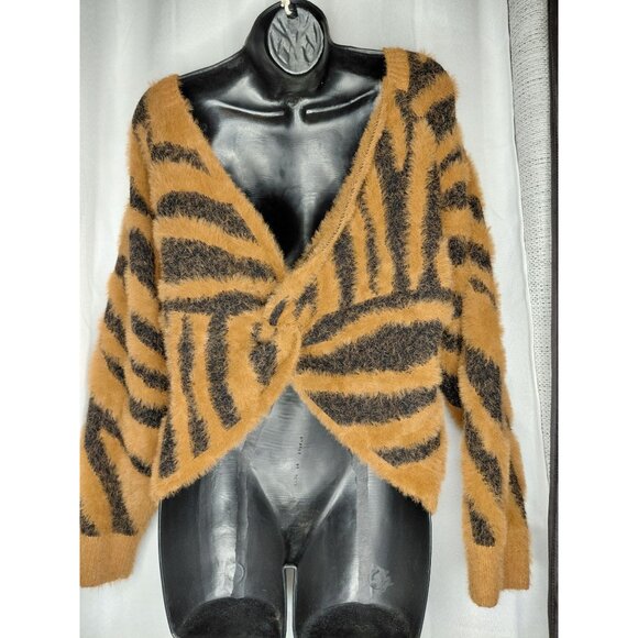 Bluivy Tiger Stripe Fuzzy Cardigan Sweater M Viscose & Nylon - Picture 2 of 6